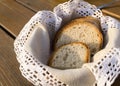 Slices of traditional bread on handmade napkin in basket