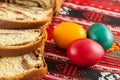 Slices of traditional easter sweet bread or cozonac and colored eggs, romanian easter Royalty Free Stock Photo