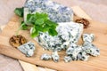 Slices and triangles of Danish Blue dorblue cheese with mold on a light wooden board background.