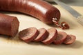 Slices of Turkish sausage, sucuk close up