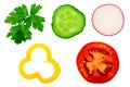 Slices of vegetables on white isolated background