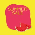 Slices of watermelon and the inscription summer sale on a pink and yellow background in a flat style. vector graphic. For design Royalty Free Stock Photo