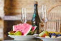 Slices of watermelon and pears lie on plate Royalty Free Stock Photo