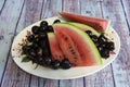Slices of watermelon and a scattering of cherries