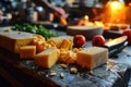 Slicing different cheeses lying on a wooden board against the background of the kitchen Royalty Free Stock Photo