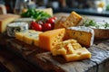 Slicing different cheeses lying on a wooden board against the background of the kitchen Royalty Free Stock Photo