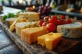 Slicing different cheeses lying on a wooden board against the background of the kitchen Royalty Free Stock Photo