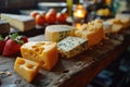 Slicing different cheeses lying on a wooden board against the background of the kitchen Royalty Free Stock Photo