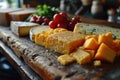 Slicing different cheeses lying on a wooden board against the background of the kitchen Royalty Free Stock Photo