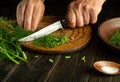 Slicing fennel or dill with a knife in the hands of a chef on a kitchen cutting board before preparing national or vegetarian