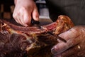 Slicing jamon at the butcher& x27;s shop. Close-up. Royalty Free Stock Photo