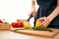 slicing lemon on the board with a knife kitchen cooking ingredients Royalty Free Stock Photo