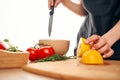 slicing lemon on a cutting board kitchen vegetables cooking Royalty Free Stock Photo
