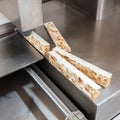 Slicing machine for hand-made almond and honey nougat bars Royalty Free Stock Photo