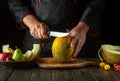 Slicing a melon with a knife in the chef hand for serving a fruity breakfast dish. The idea of a fruit diet in the morning. Work Royalty Free Stock Photo