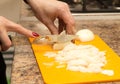 Slicing onions with a knife on the board Royalty Free Stock Photo