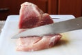 Slicing raw meat steak prepared food