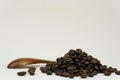 a slide of coffee beans and a wooden spoon next to it on a bluish-gray background