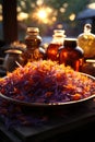 a slide of sage in a plate against the background of bottles with natural oils