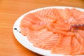 Slided Raw Salmon in white dish on wood blackground