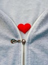 Slider  in zipper on textile gray melange woolen  clothes and  red heart inside. Concept of love, kindness, loyalty and generosity Royalty Free Stock Photo