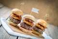 Sliders beef tall mini burgers sharing food Royalty Free Stock Photo