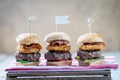 Sliders beef tall mini burgers sharing food Royalty Free Stock Photo