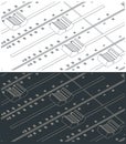 Sliders or faders control board isometric drawings