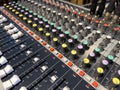 Sliders and volume knobs on DJ control panel. Concept of music control at event. Professional sound designer control panel Royalty Free Stock Photo