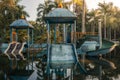 Slides and pool in abandoned water park, Ho Thuy Tien Lake, Vietnam