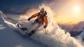 Sliding professional skier in orange warm sport suit with googles. Extreme downhill. Scenic picturesque mountain