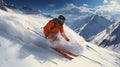 Sliding professional skier in orange warm sport suit with googles. Extreme downhill. Scenic picturesque mountain