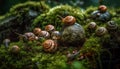 Sliding snail crawls slow through wet grass generated by AI