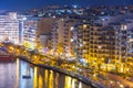 Sliema, Malta - January 9, 2020: Architecture of the harbor in Sliema city at night, Malta