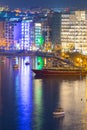 Sliema, Malta - January 9, 2020: Architecture of the harbor in Sliema city at night, Malta