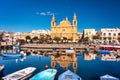 Sliema, Malta - January 10, 2020: Architecture of the harbor in Sliema city at sunrise, Malta