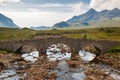 Sligachan Old Bridge with beautiful view on Black Cuillin mountains, in Isle of Skye, Scotland Royalty Free Stock Photo