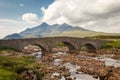 Sligachan Old Bridge with beautiful view on Black Cuillin mountains, in Isle of Skye, Scotland Royalty Free Stock Photo