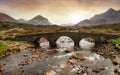 Sligachan Old Bridge with beautiful view on Black Cuillin mountains, in Isle of Skye, Scotland, UK Royalty Free Stock Photo