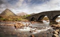 Sligachan Old Bridge with beautiful view on Black Cuillin mountains, in Isle of Skye, Scotland, UK Royalty Free Stock Photo
