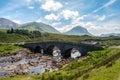 Old stone Sligachan bridge over the river on Isle of Skye, Scotland Royalty Free Stock Photo