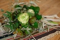 Slightly disheveled fresh and airy bridal bouquet with veronica and eucalyptus will be a great addition to the image of a stylish