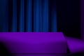 Slightly Illuminated Showcase With Empty Space on Pedestal With Violet Curtains on Background. 3d rendering. Minimalism. Royalty Free Stock Photo