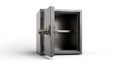 A slightly open silver safe box with a visible handle and shelf on a plain white background studio shot Royalty Free Stock Photo