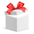 Slightly opened white vector gift box with red ribbon and light shining from inside, isolated.