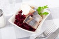 Slightly salted herring with grated beets, greens and mayonnaise