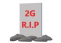 A slightly tilted side view of a gravestone block showing the end death of the communications 2G networks white backdrop