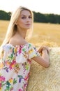 Vertical closeup portrait of a young blonde near a haystack on a background of nature, sky and field