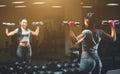 Slim, bodybuilder girl, lifts heavy dumbbell standing in front of the mirror while training in the gym. Royalty Free Stock Photo