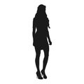 Business woman standing, isolated vector silhouette, front view. Sexy slim woman in short dress